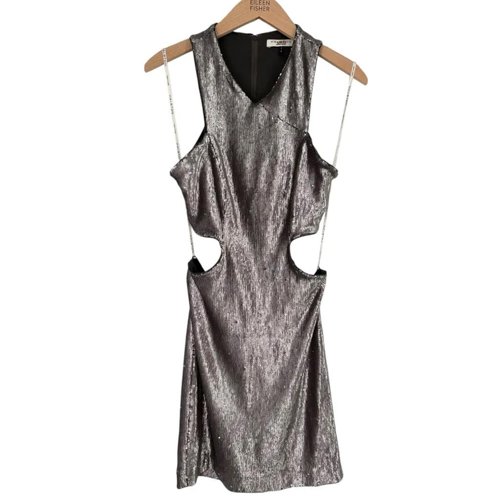 Halston Heritage Antique Silver Sequin Minidress size 2 Side Cutouts Sleeveless - Image 3