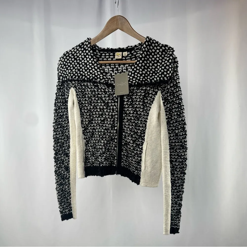 NWT Anthropology Yellow Bird Slubby Moto Jacket Sweater in Ivory Black Size‎ XS - Image 3