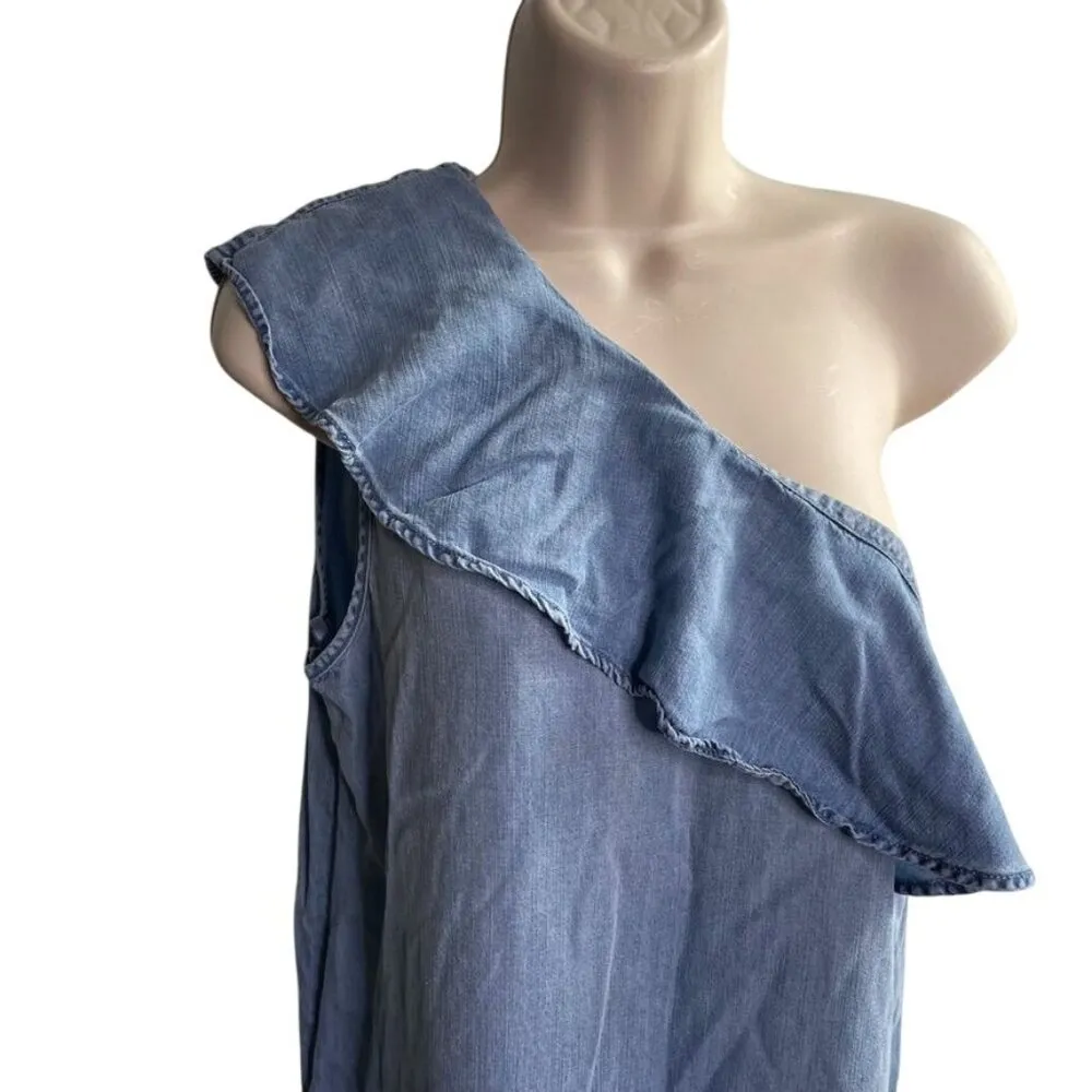 One Off Shoulder Denim Dress With Ruffle Trim Sid Zipper Closure c Size Small Blue - Image 3