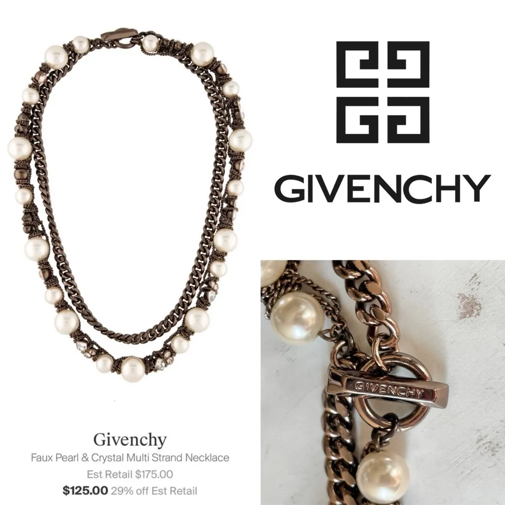 Givenchy Faux Pearl and Crystal Layered Bronze Necklace w Signed Toggle Clasp - Image 3