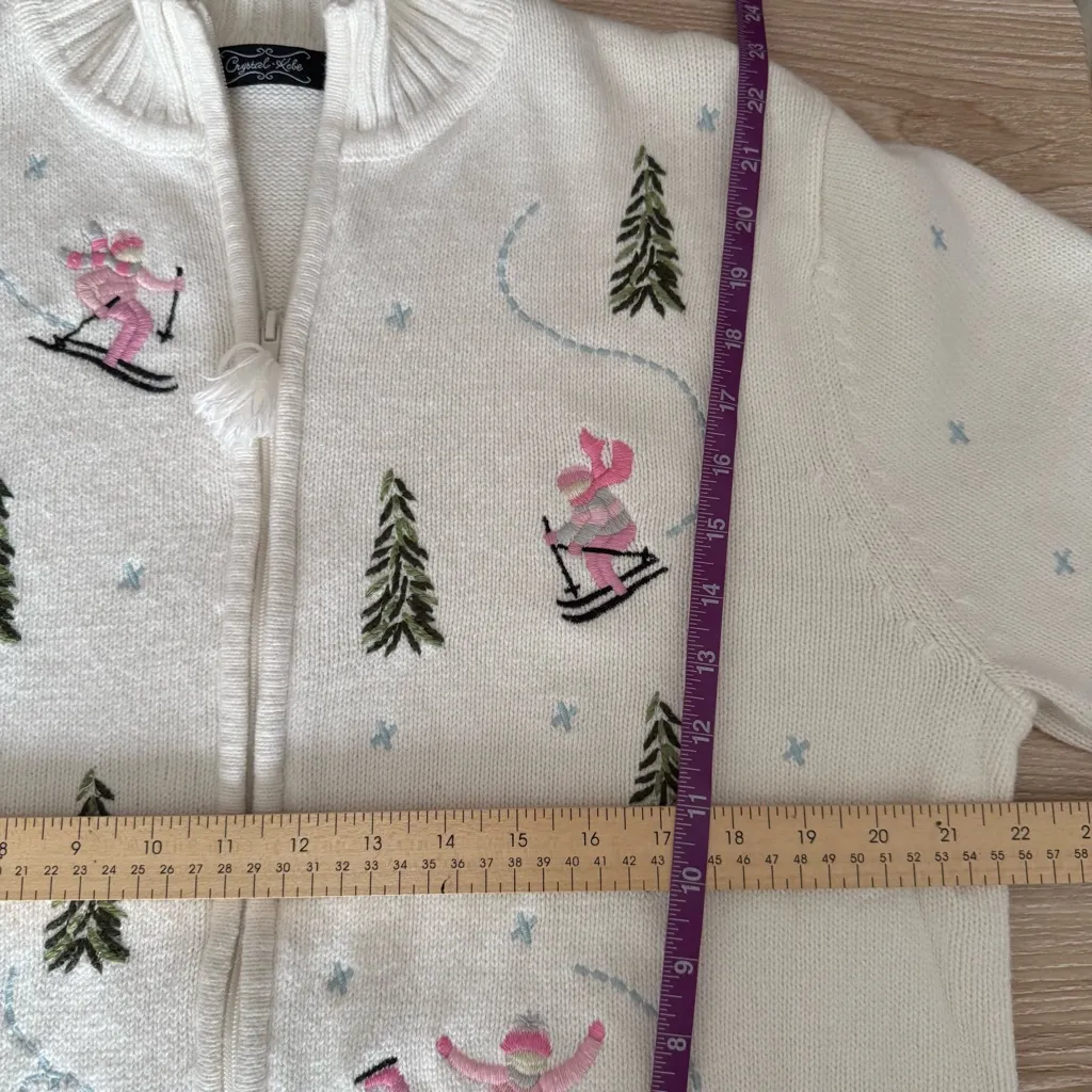 Vintage XL Ski Embroidered Full Zip Knit Cardigan Ivory Cabin Aspen Winter White - Image 6