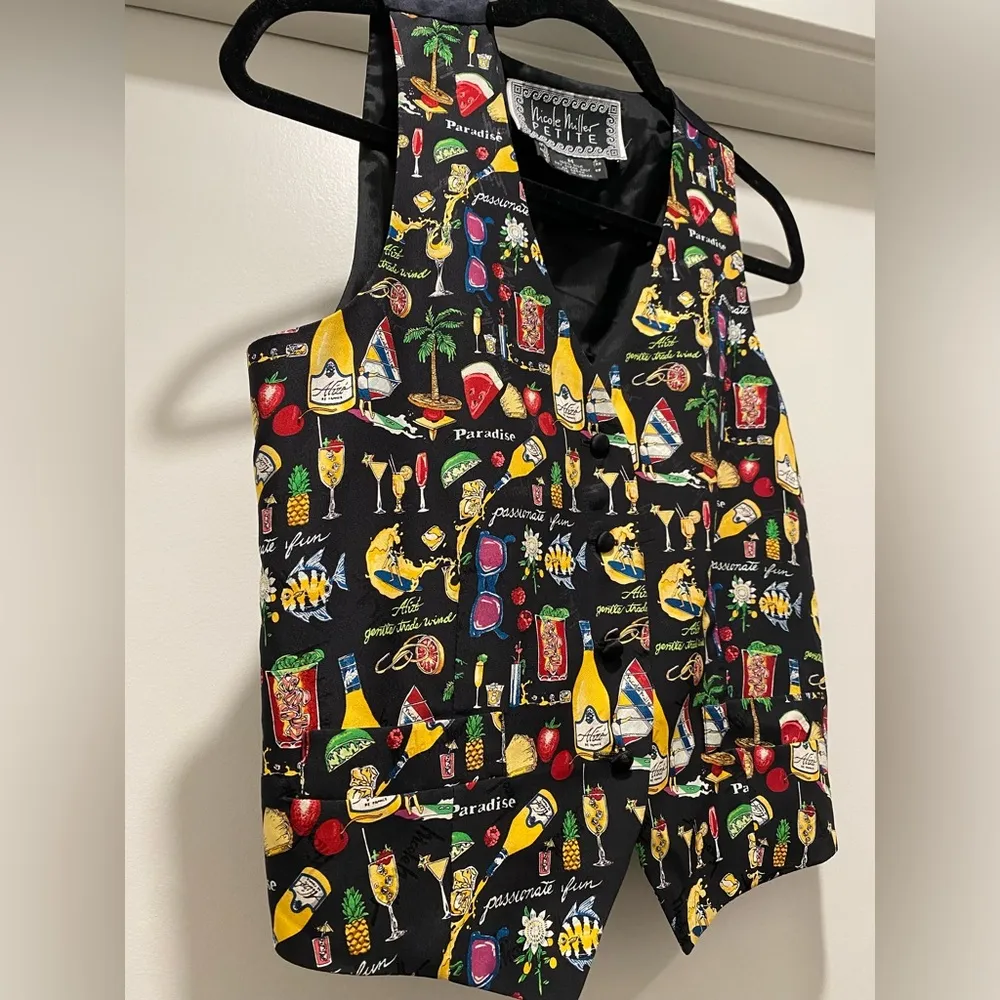 VTG 90s Nicole Miller Petite Black Multicolored Alize Graphic Silk Vest - M - Image 8