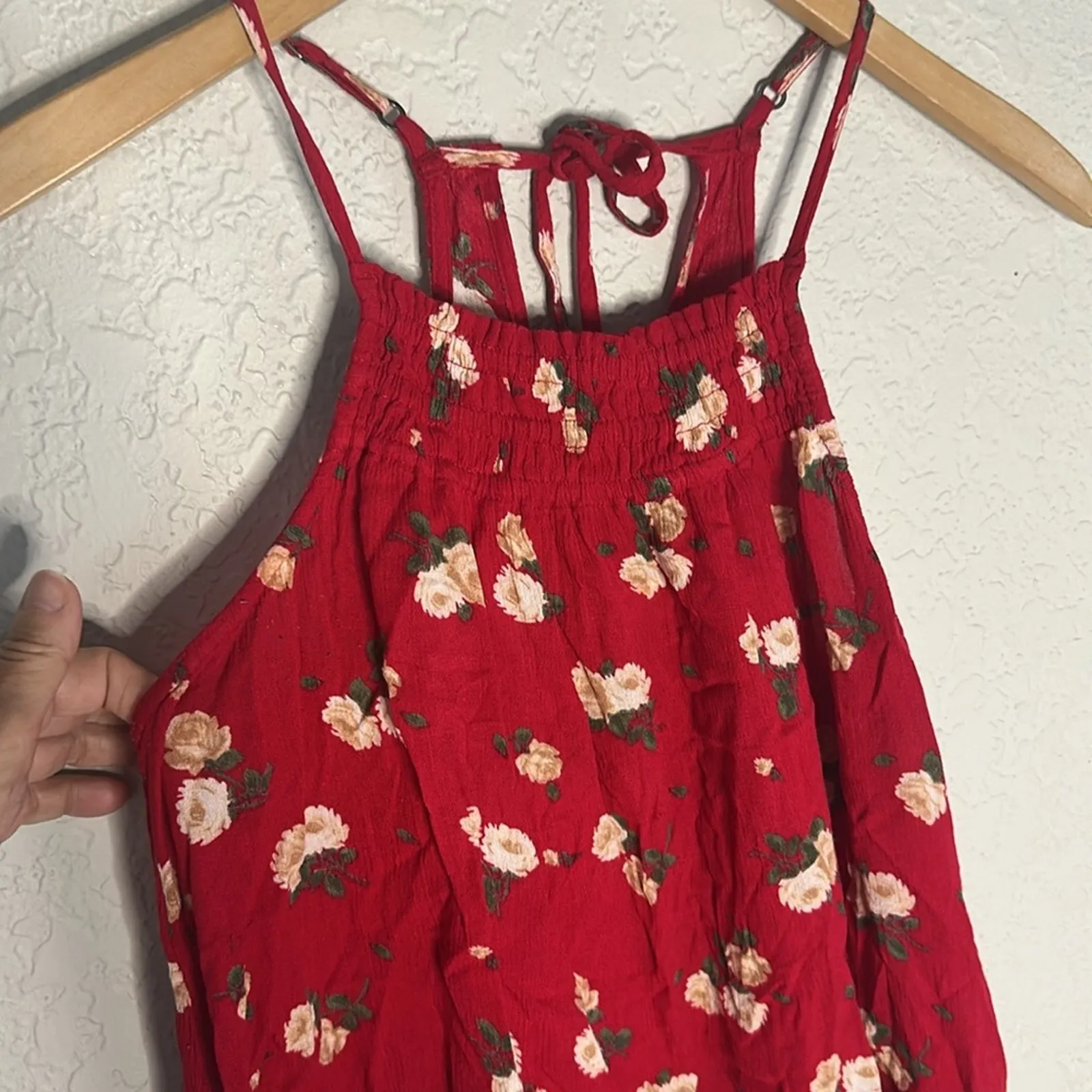 Hollister Red Floral Babydoll Cami Top Smocked Y2K 90s Cut Out Festival Halter - Image 2