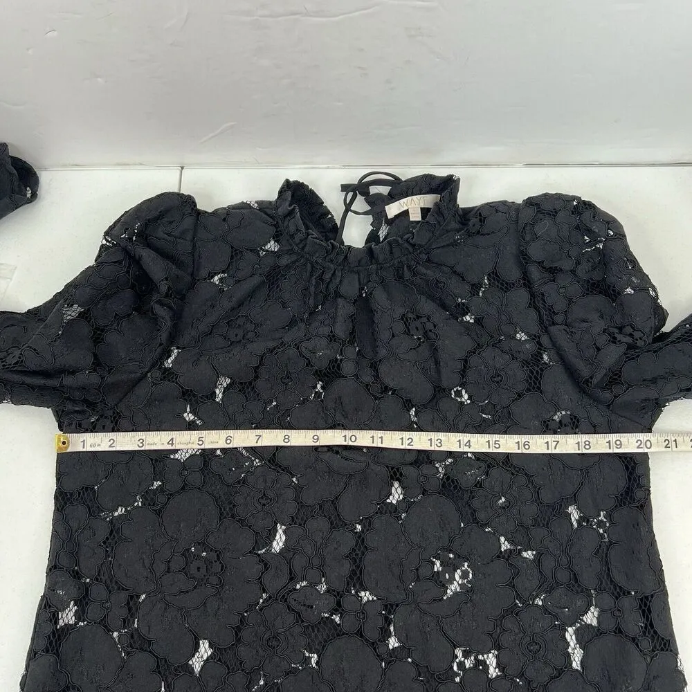 WAYF Size L Erika Black Puff Sleeve Lace Top Neck Bow Tie Sheer Sexy Long Sleeve - Image 9