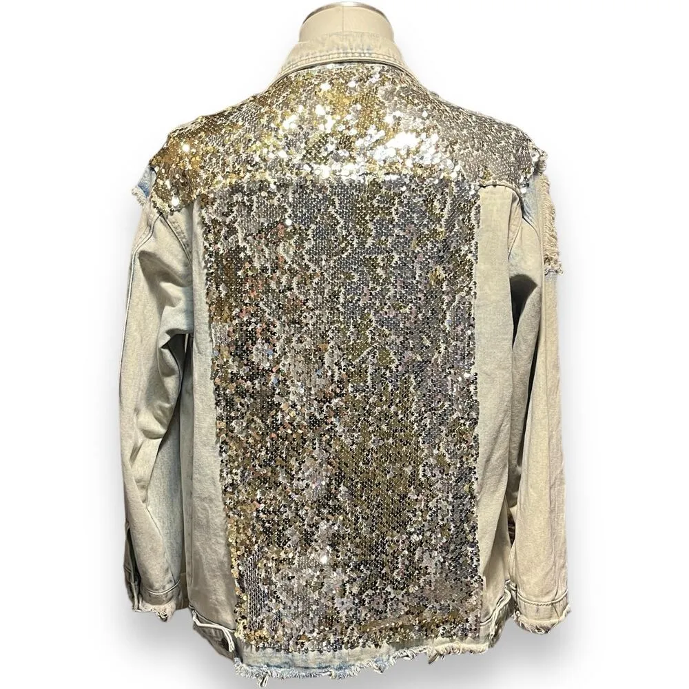 L&B Sequin Denim Jacket Distressed Acid Wash Gold Silver Medium - Image 6