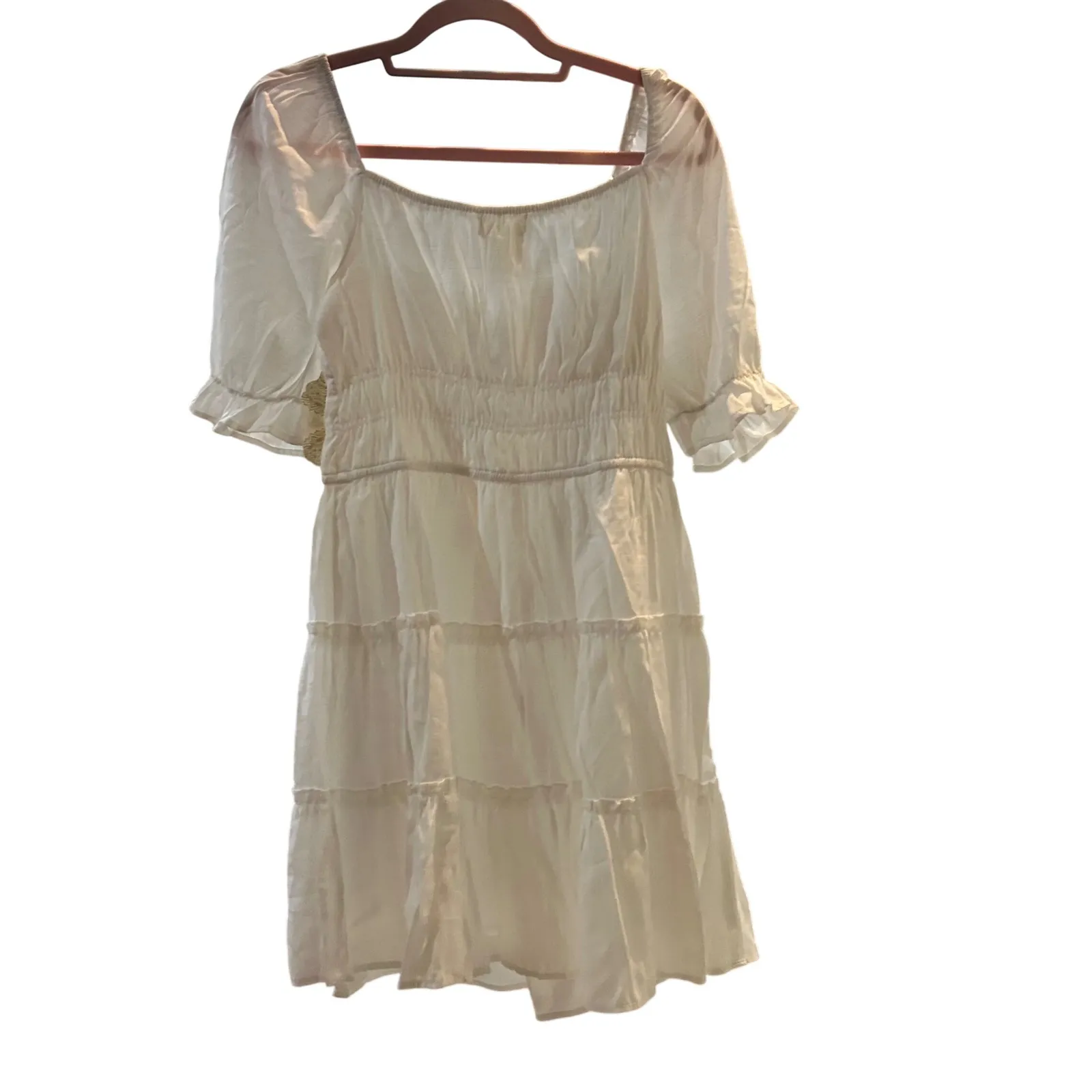 Altard State White Tiered Mini Dress Square Neck Puff Sleeve Cottagecore‎ Sz L - Image 9