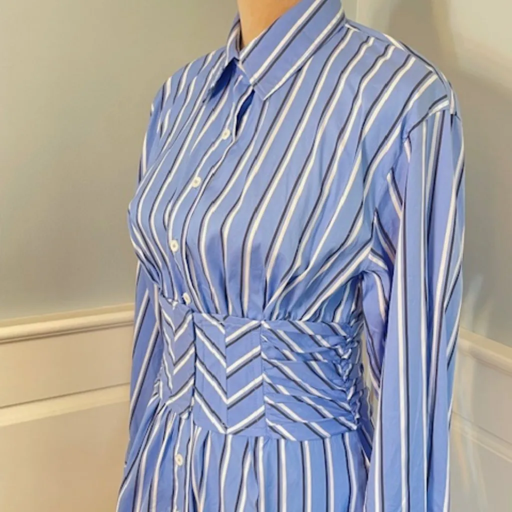 Zara Cotton Poplin Striped Hourglass Fitted Belted Shirt Dress Small - Image 7