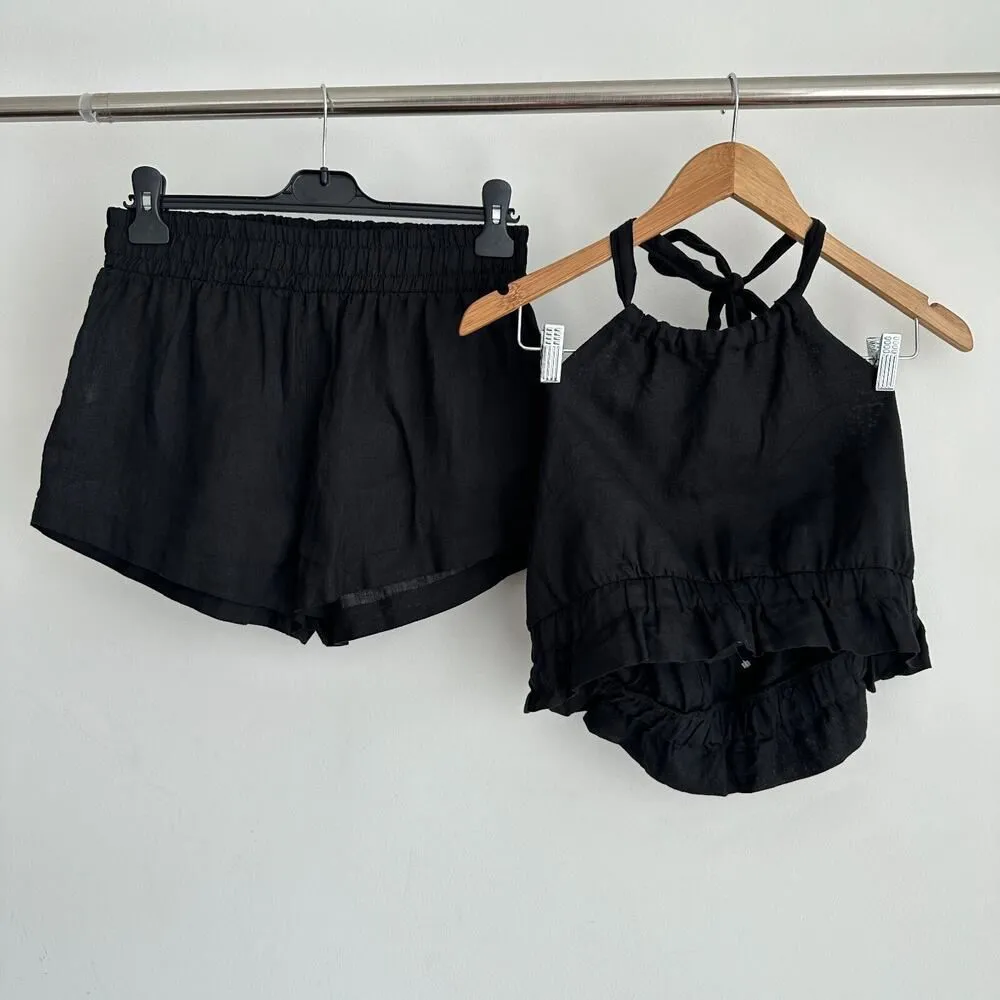Touche Linen Set Small Black Co Ord Shorts Crop Top Resort Vacation Minimalist - Image 5
