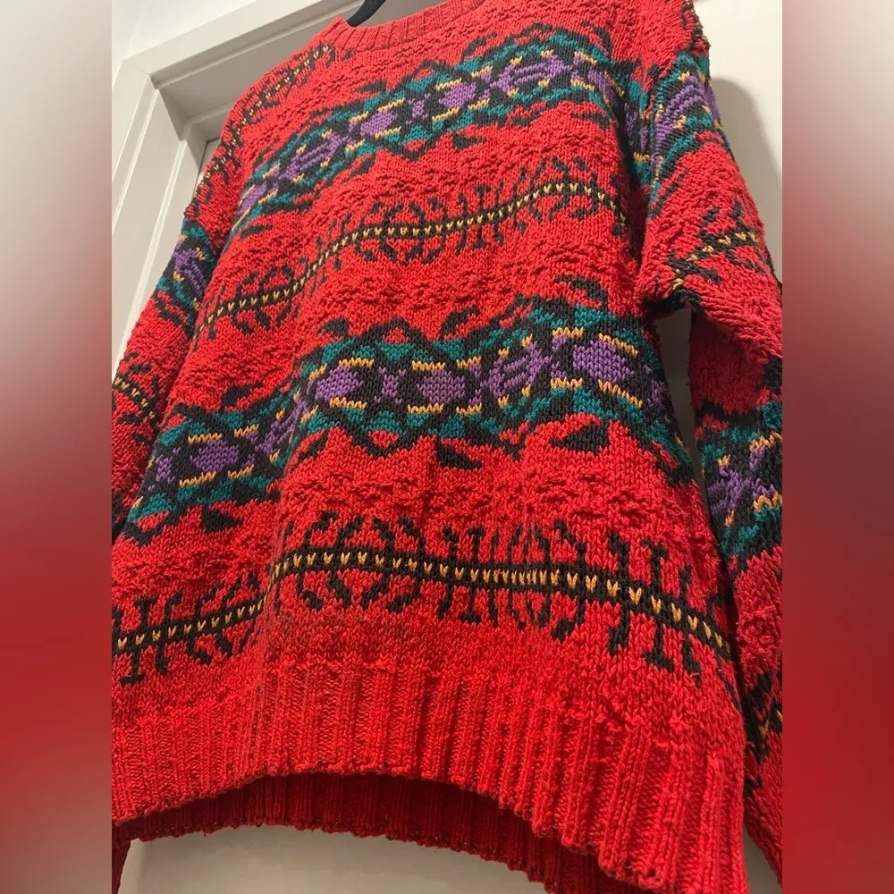 VTG 90s  Red Tribal Print Knitted Crew Neck Long Sleeve Sweater - M - Image 6