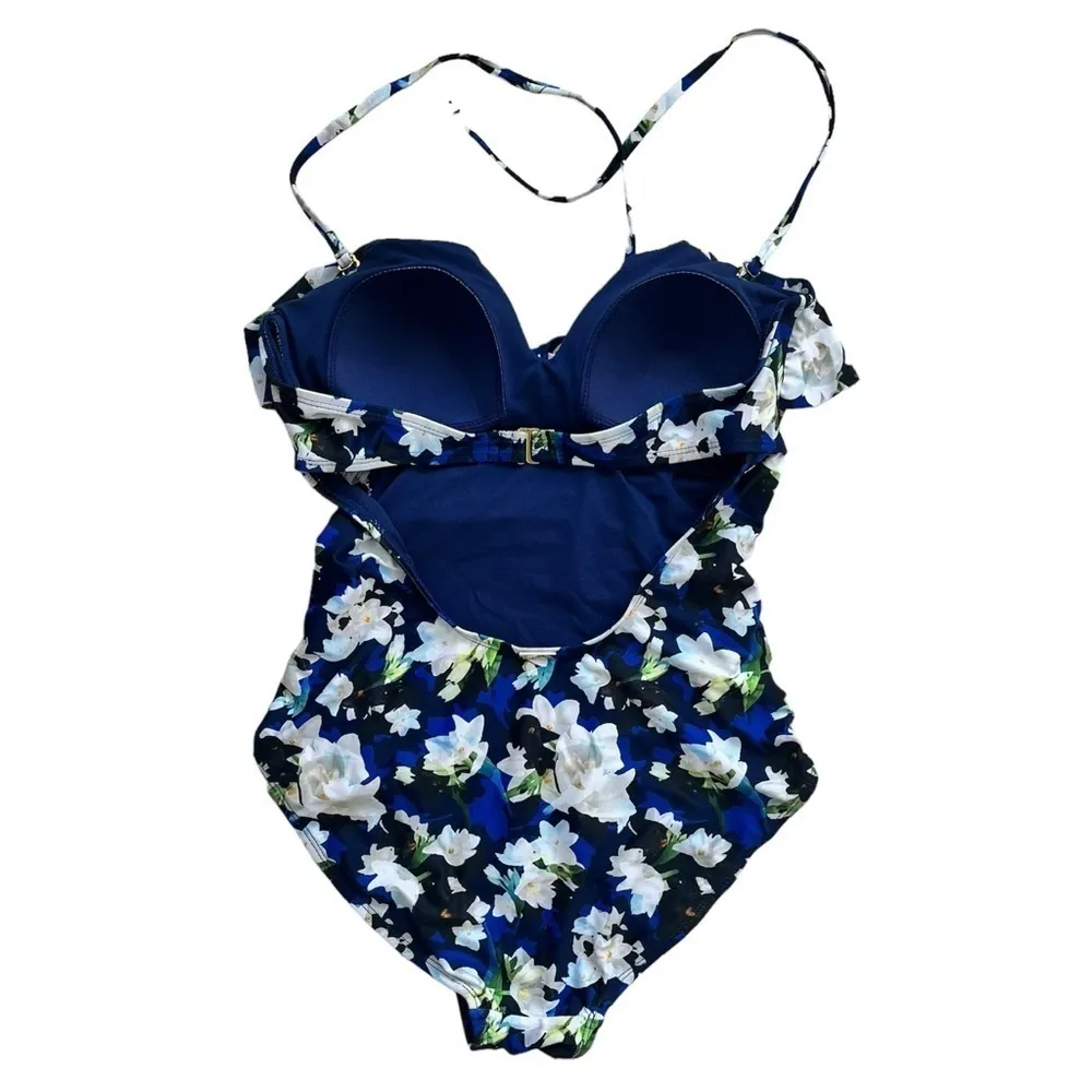 Nicole Miller Floral Ruffle Bandeau Navy Blue One-Piece Swimsuit Size Small - Image 6