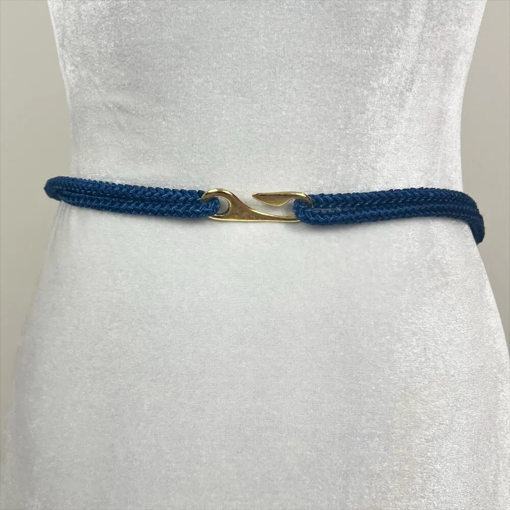 Vintage 80s 90s Navy Blue Braided Nautical Rope Belt Hook Back - Image 4
