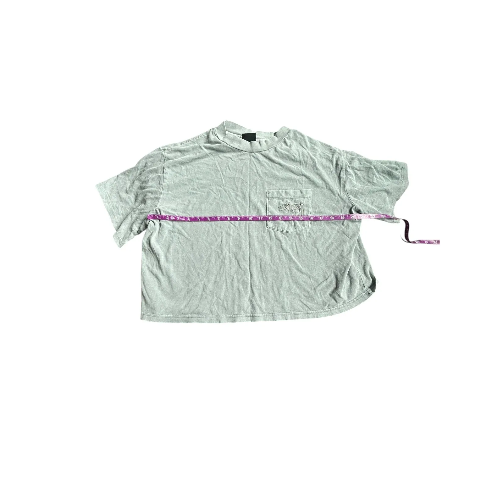 Stussy Designs Light Blue Gray Pocket T Shirt Women Oversized Boxy Fit - Image 5