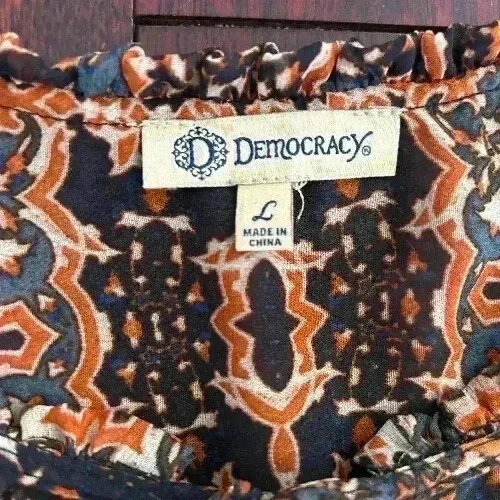 Democracy Women’s Boho Tie Front Tunic Top 3/4 Sleeve Sheer Shirt Blouse Size L - Image 2