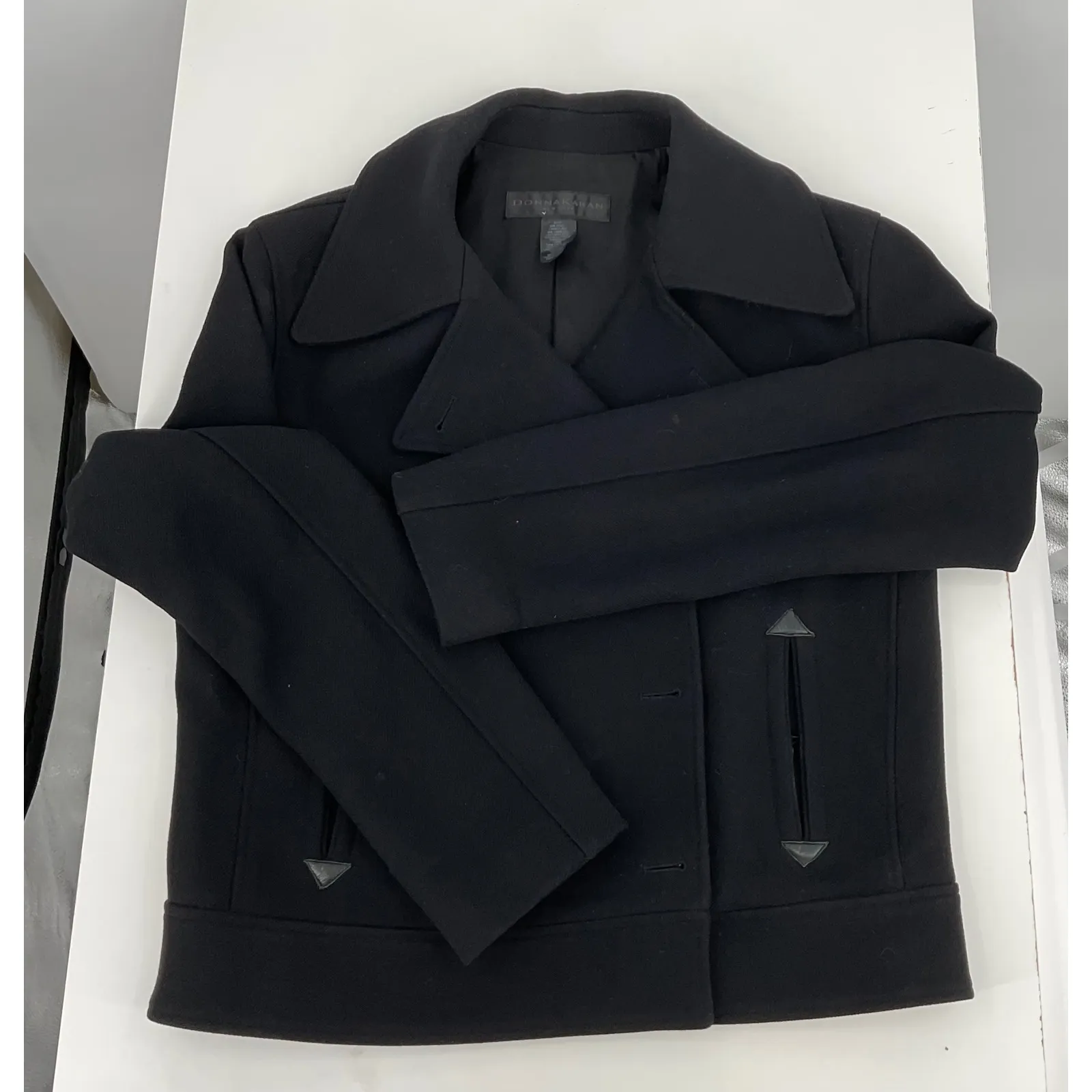 Donna Karan Black Wool Leather Trim Double Breasted Peacoat Jacket Womens - Image 9