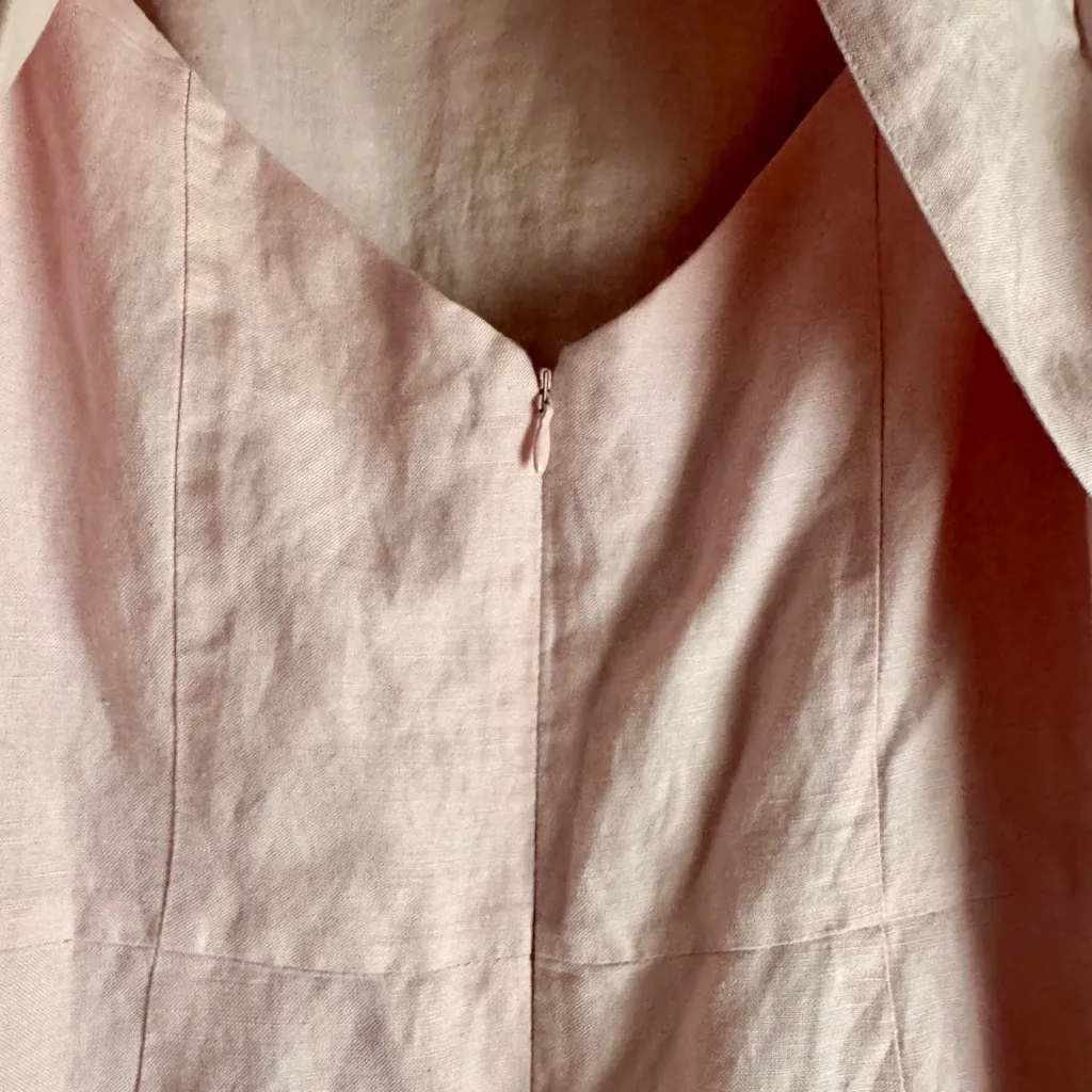 Loft Short Puff Sleeve Square Neck Pink Linen Blend Dress Tie Back Size 10 - Image 8
