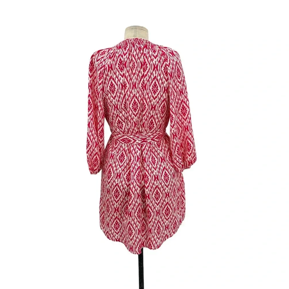 Anthropologie Maeve Ikat Shirt Dress Mini Tie Belt Print Pink White Size XS‎ - Image 7