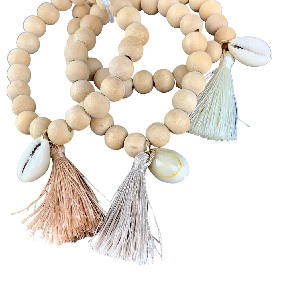 Wooden Bead Stretch Bracelet Cowrie Shell and Tassel Boho Lot of 3 - Image 5