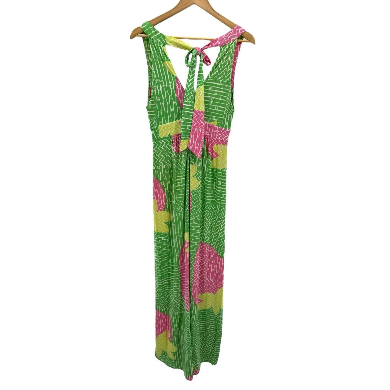 Lilly Pulitzer XS Silk Maxi Dress Green Pink Floral Boho Resort Tie-Back‎ V-Neck - Image 3