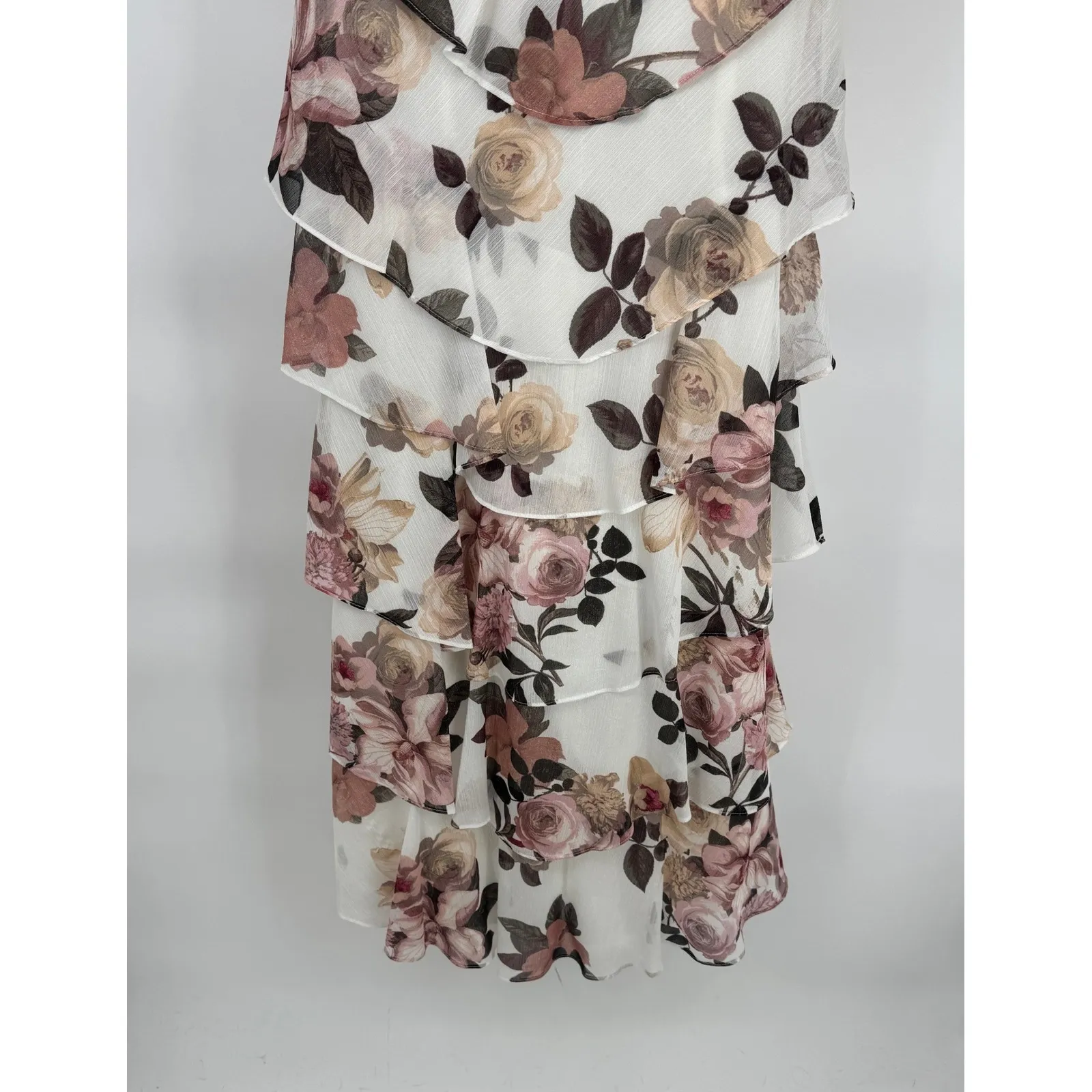 Vintage SLNY Floral Tiered Ruffle Dress Womens 10 White Pink Tea Party Romantic - Image 9