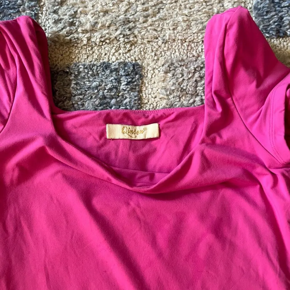 QINSEN Hot Pink Square Neck Sexy Bodysuit Double Lined Shirts Women's Size S - Image 3