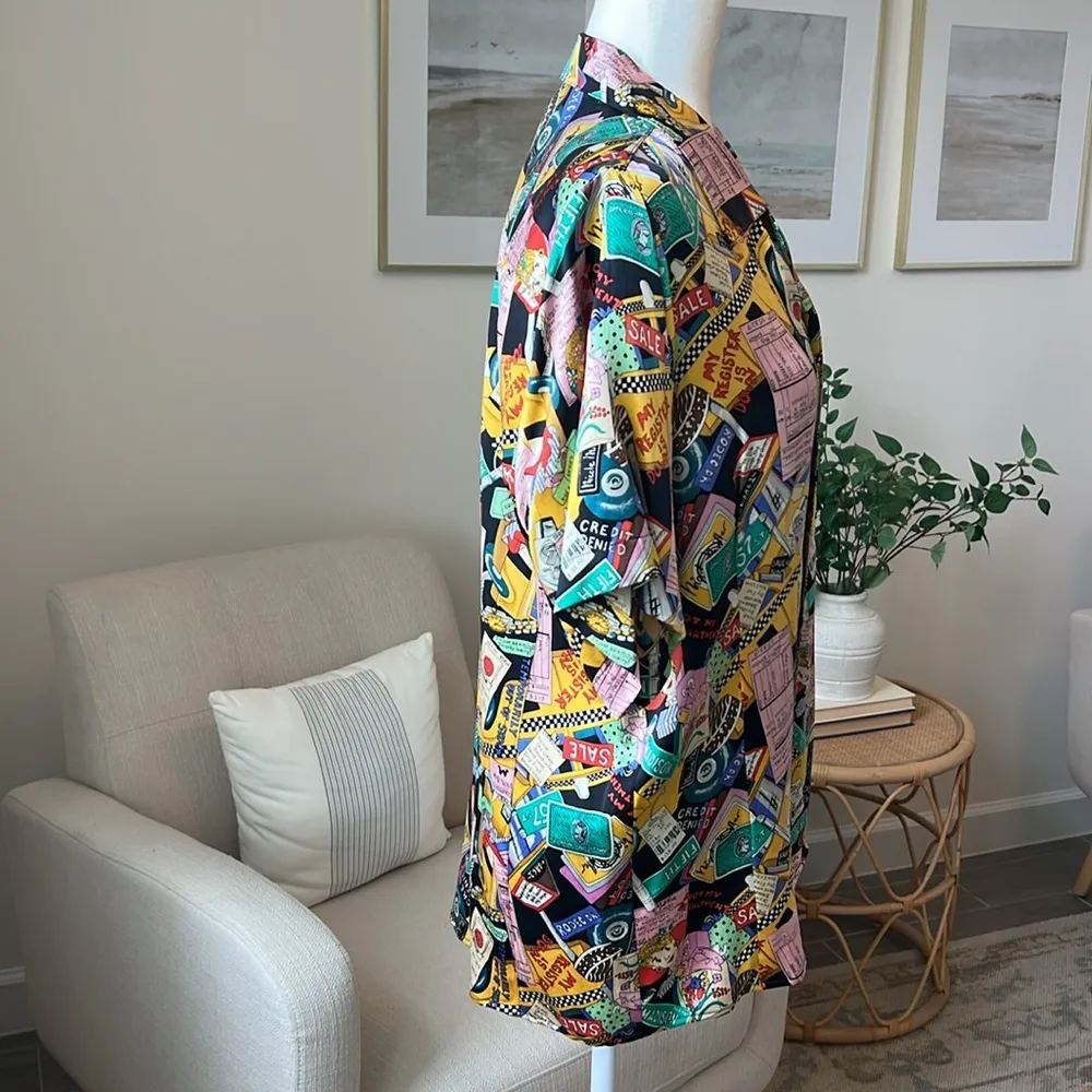 Vintage Nicole Miller 1990 Limited Shopaholic Print Silk Button Down NYC Shirt - Image 2