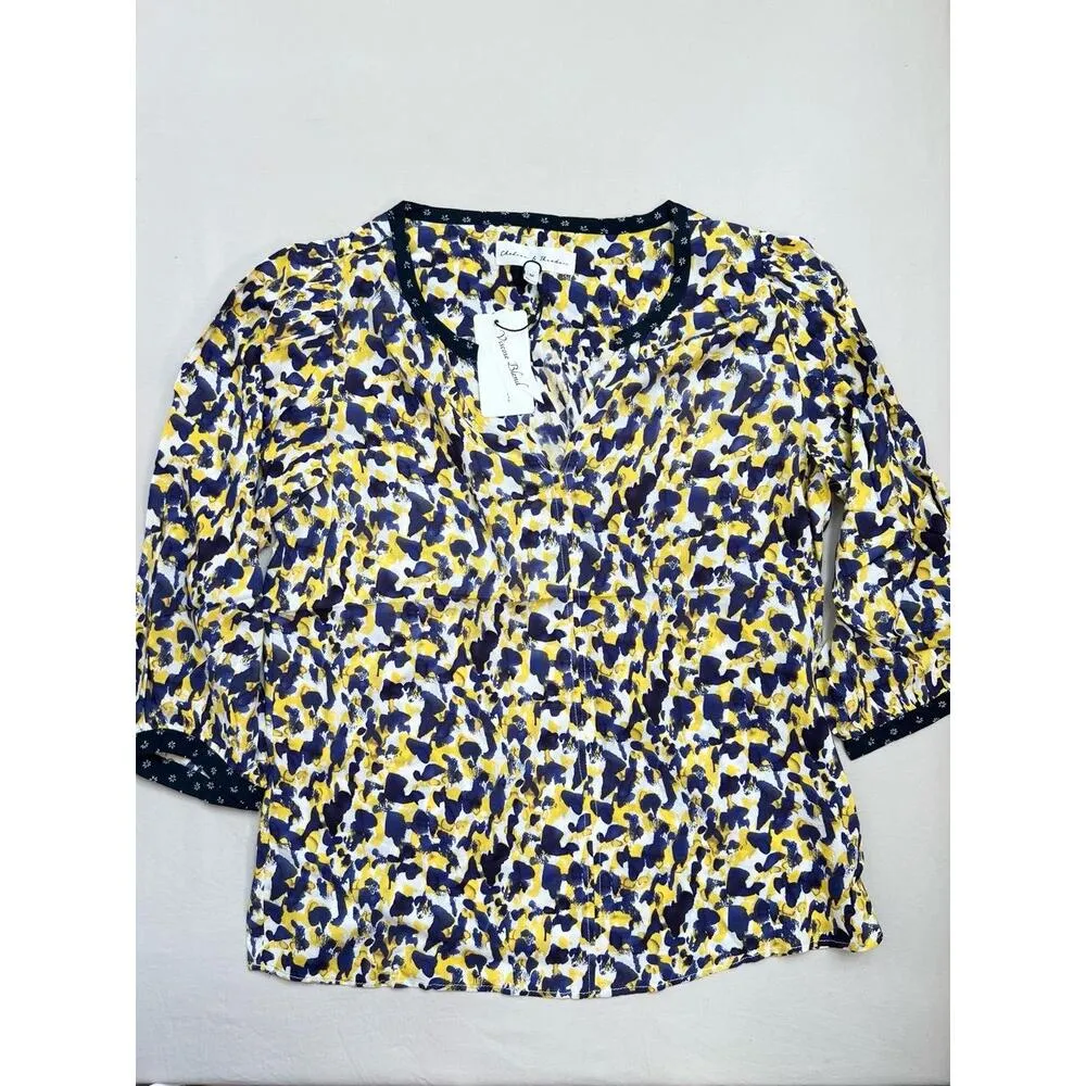 Chelsea & Theodore Blouse Size L Yellow Navy V - Image 3