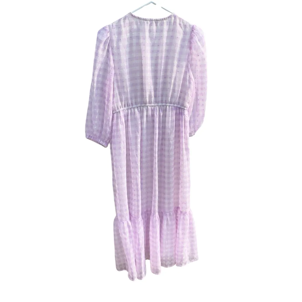 Max Lavender Gingham Sheer Midi Dress Balloon Sleeve Lined Button Front US‎ 4 Purple - Image 4