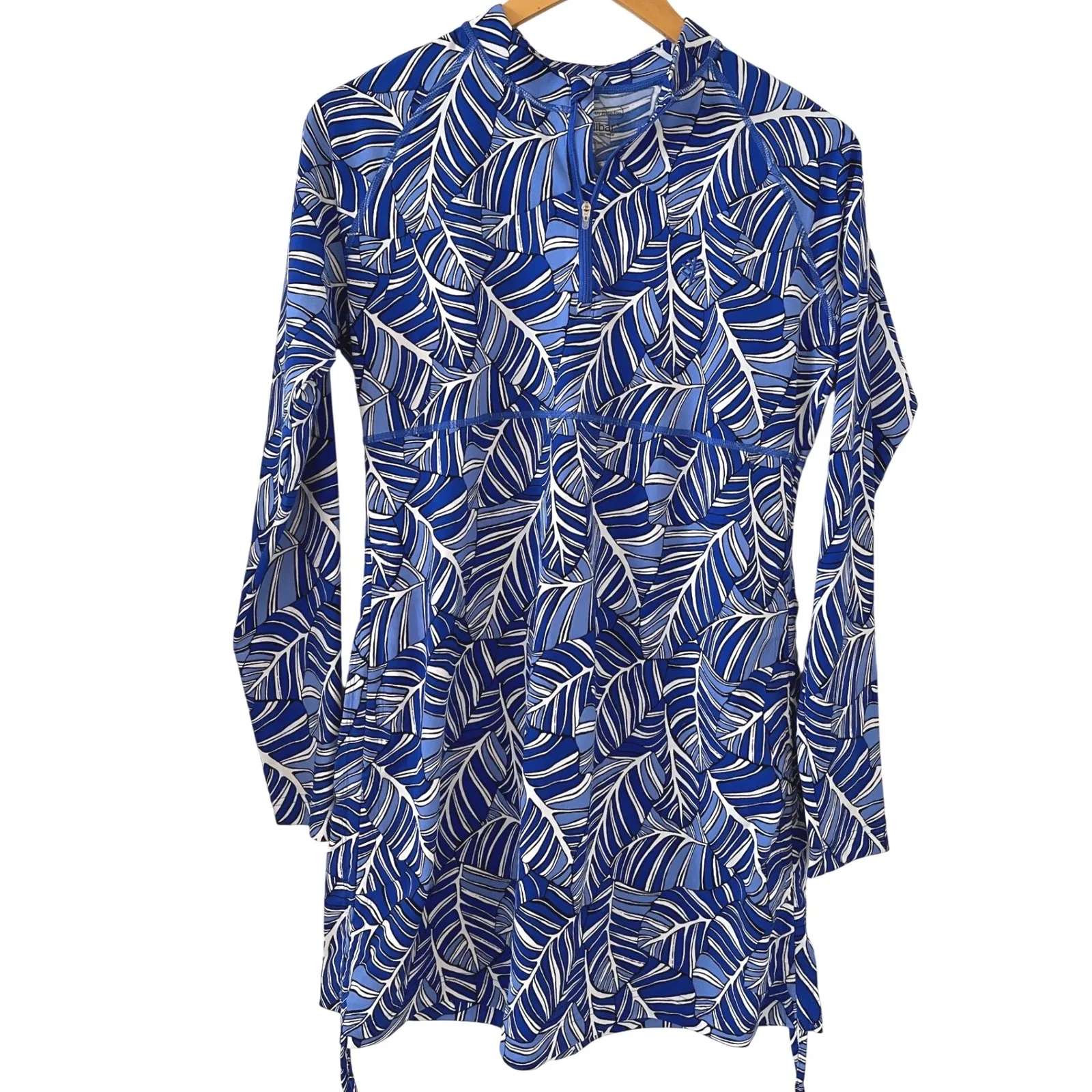 Coolibar Tidal Wave Swim Rash Guard Long‎ Sleeve Blue Leaf Print Swimsuit Top Size M - Image 2
