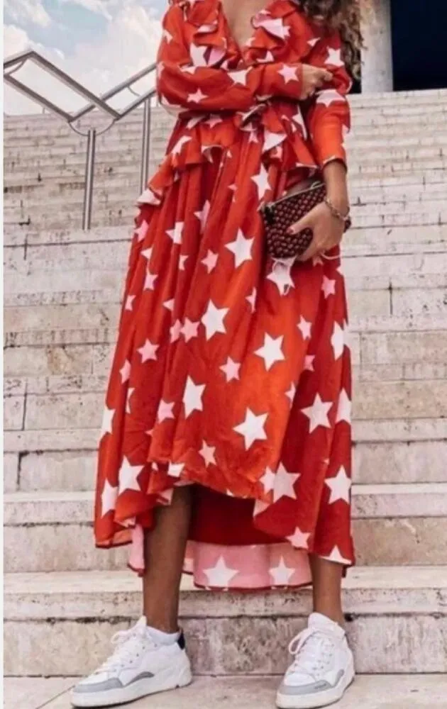 Sister Jane midi ruffle dress with full skirt in red star print size M SW Size M - Image 3