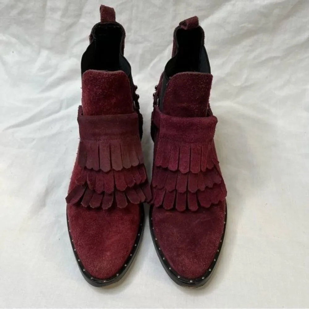 Freda Salvador Burgundy Suede Fringe Chelsea Western Buckle Ankle Boots size 7 Red - Image 4