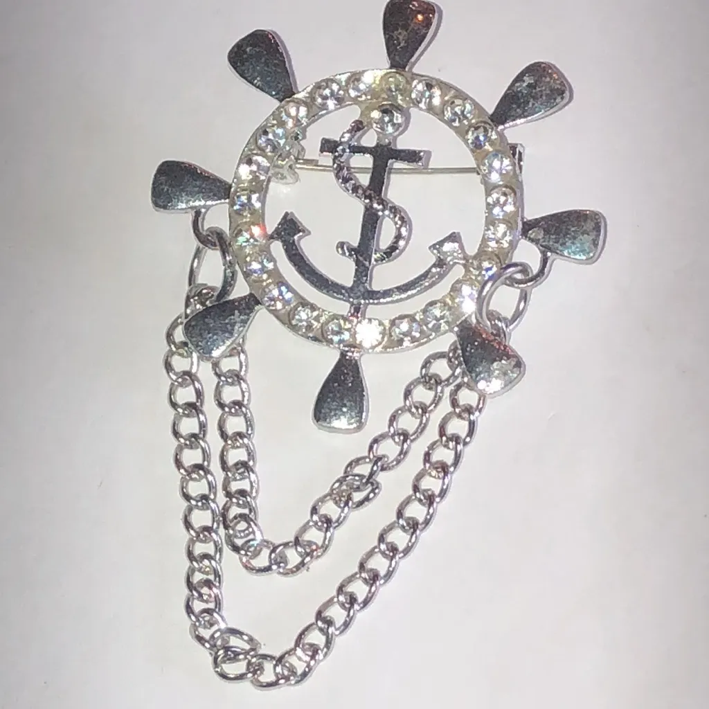Silver Tone Nautical Boho Anchor Brooch with Chains - Image 2