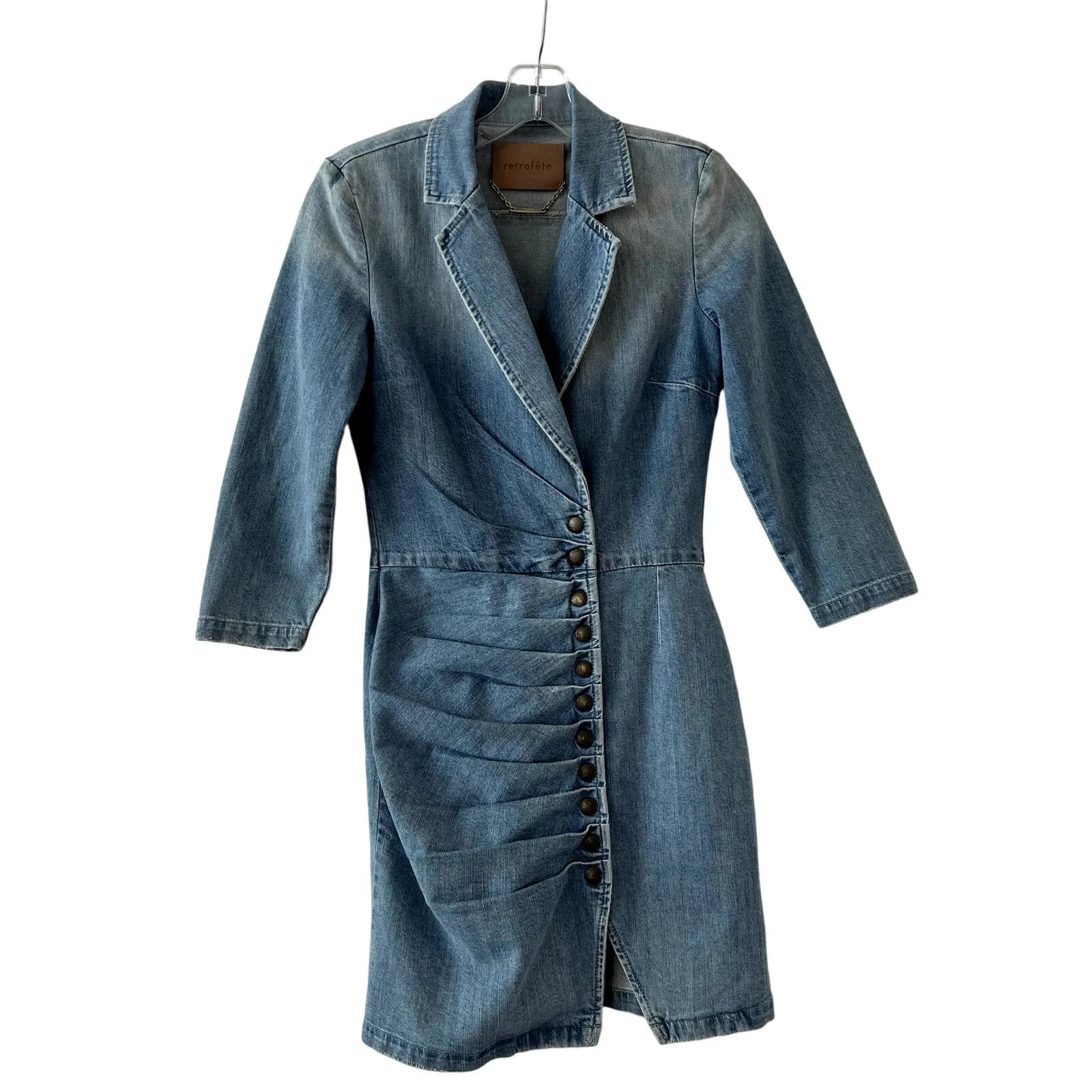 Retrofete Willa Jean Denim Mini Dress Blue XS Western Padded Shoulders - Image 3