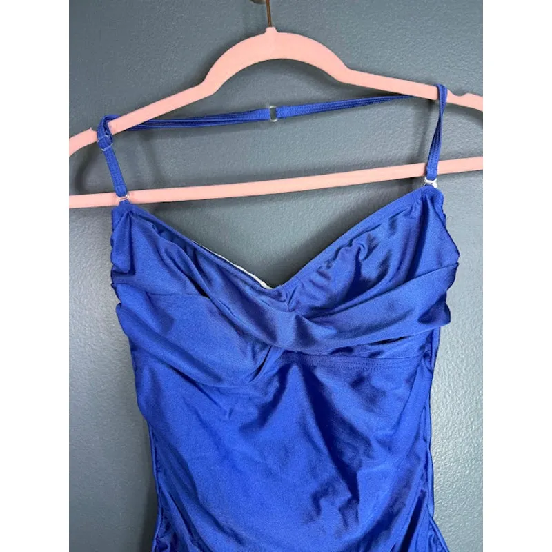 VTG Housewife One Piece Size 12 Swimsuit Removable Strap Ruching Slimming Blue - Image 4