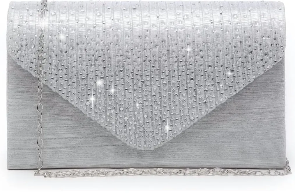 ⚡Women's Magnetic Closure Chain Strap Crossbody Envelope Silver Clutch Handbag - Image 1