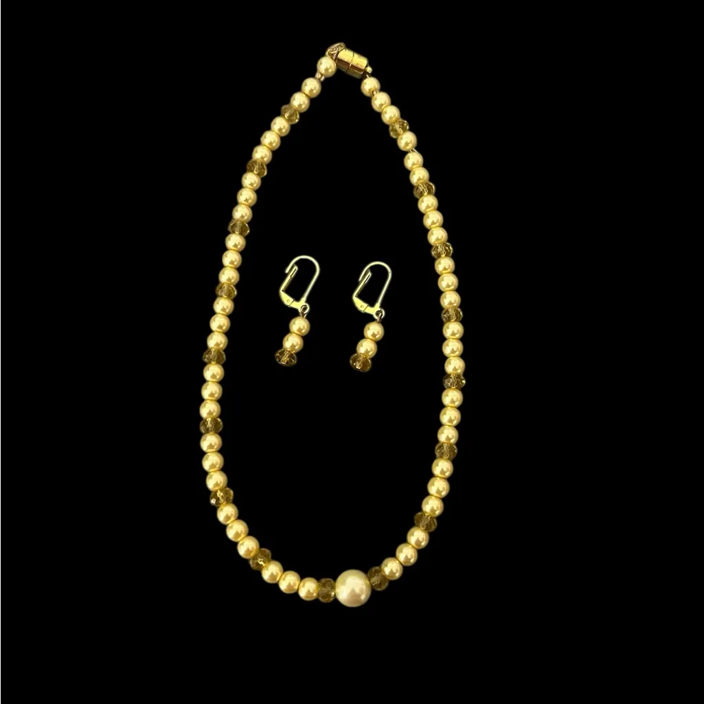 VTG Yellow Champagne Beaded Necklace Choker & Earrings Jewelry Set - Image 2