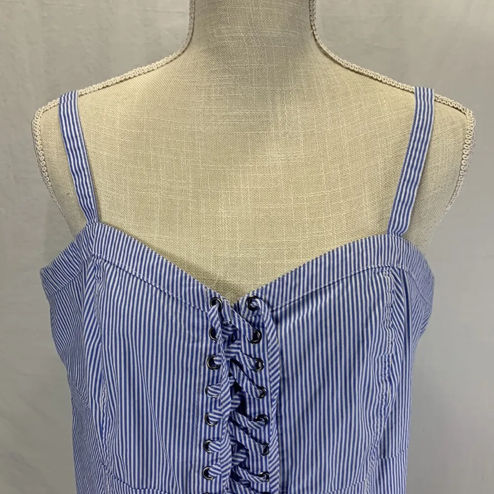 Striped Blue and White Poplin Lace Up Corset Tank Top Size 1X - Image 3