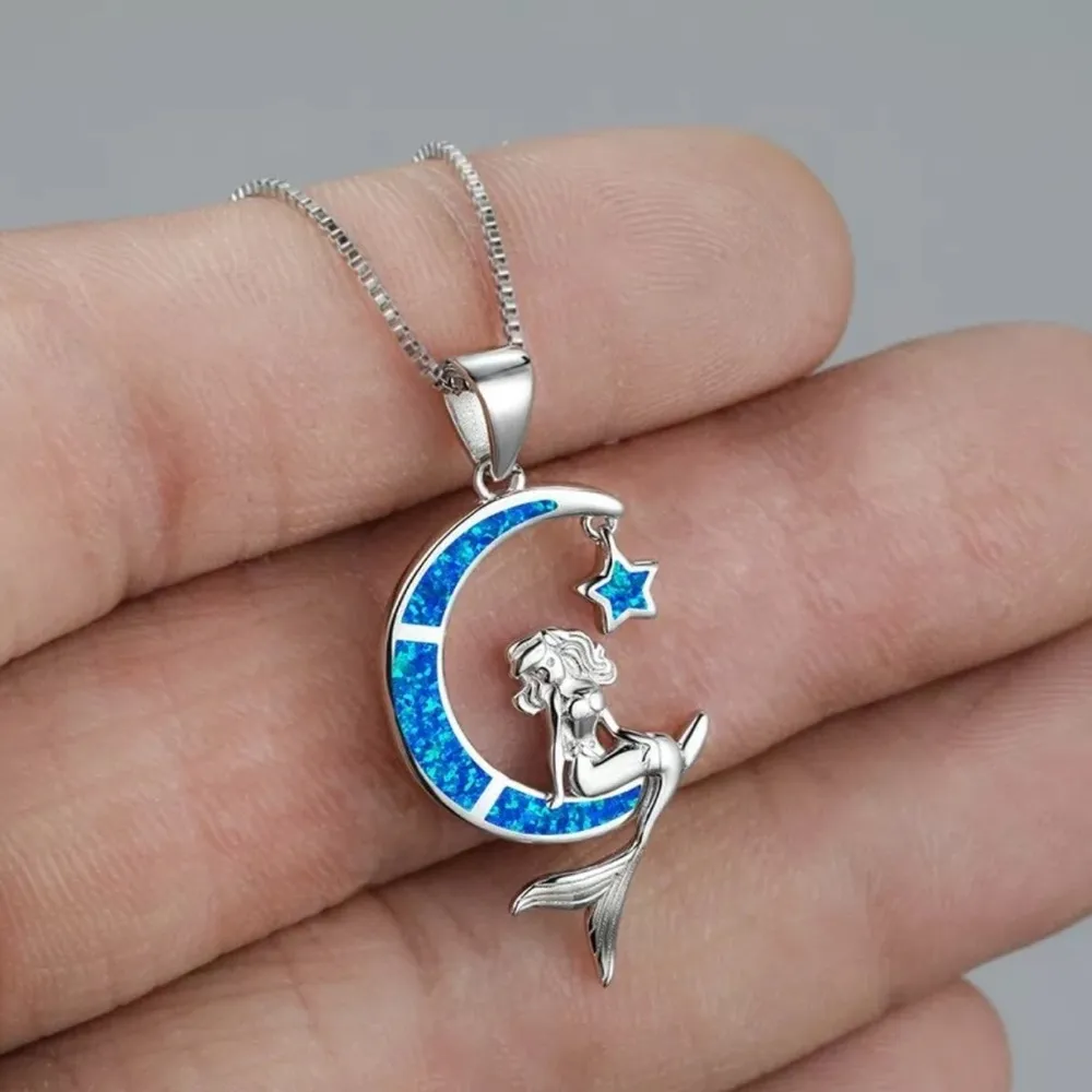 Opal Moon Mermaid Necklace - Mystical Sea Charm, Ocean Jewelry,Nautical Elegance - Image 9