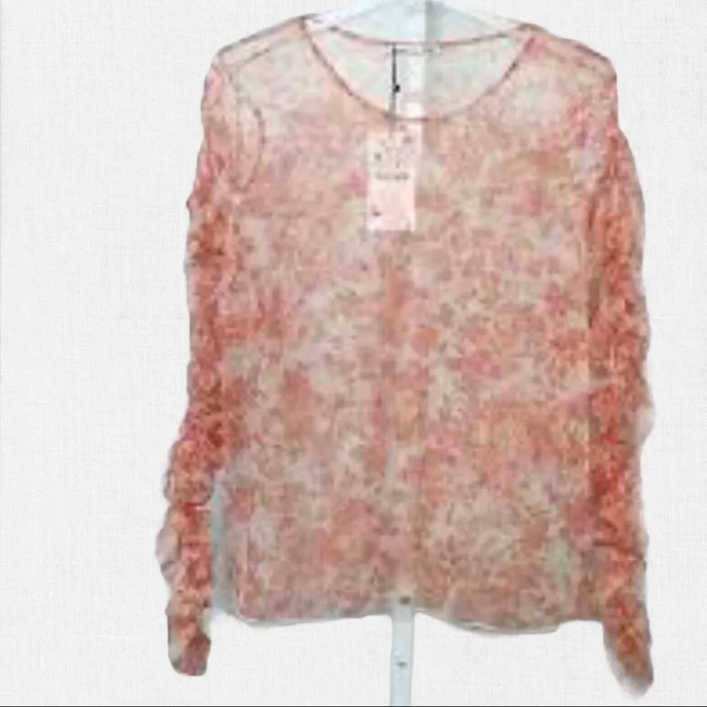 Floral Sheer Organza Ruched Sleeves Orange M - Image 6