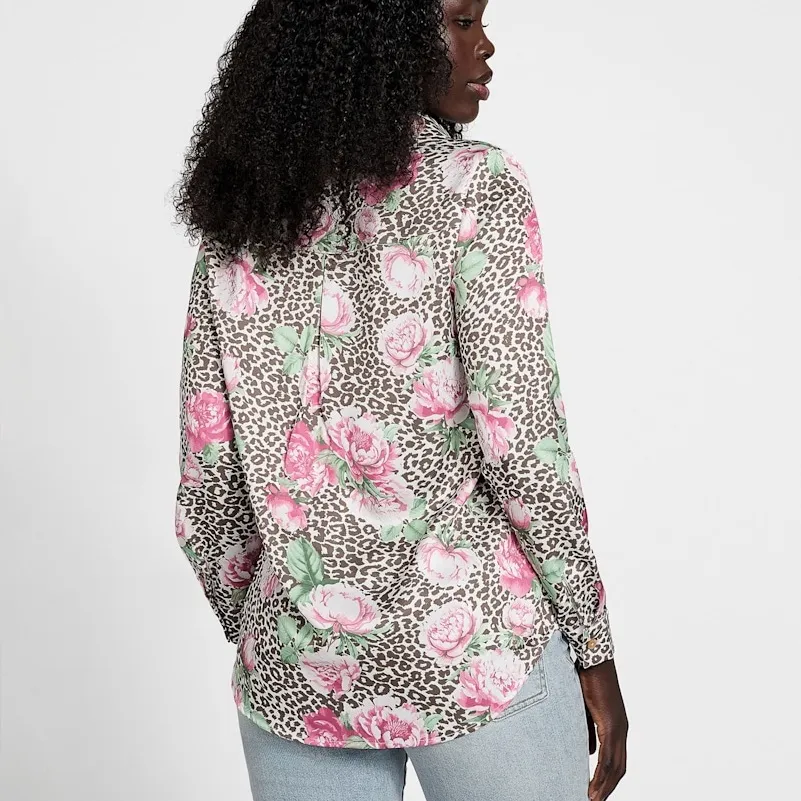 Guess Women’s Vianca Printed Satin Shirt Button Down Leopard Animal Floral Work - Image 2