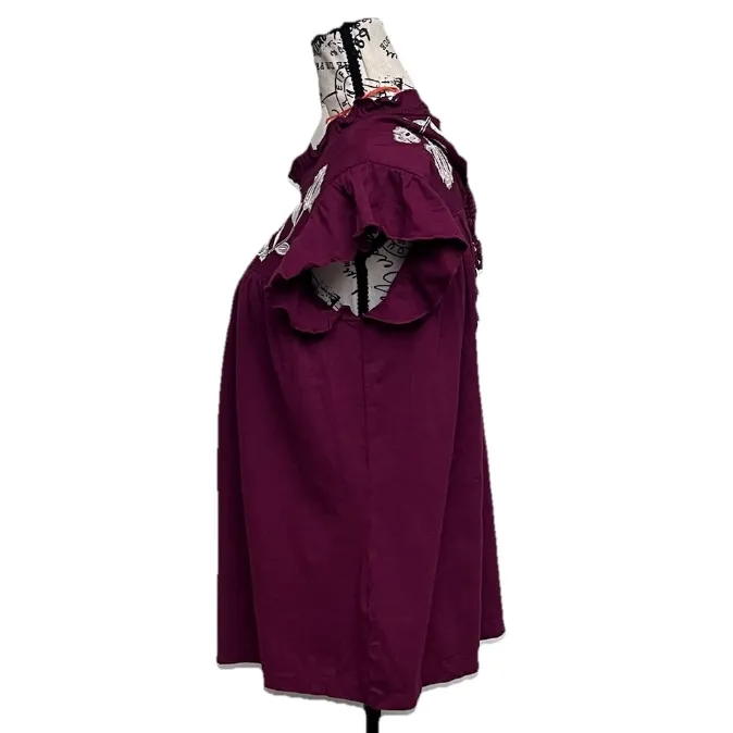 Knox Rose Burgundy Embroidered Peasant Blouse Women’s M Boho Cottagecore Hippie - Image 4