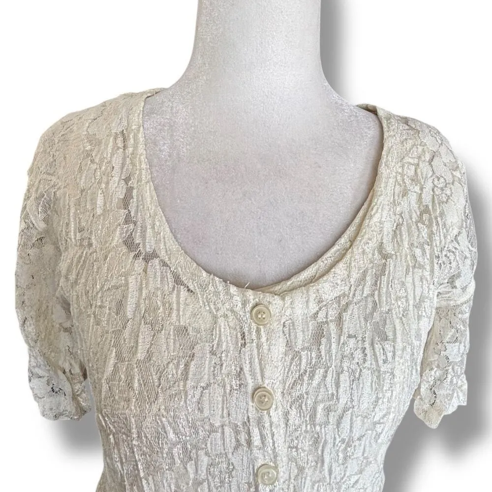 Deadstock 90s Lace Maxi Dress Ivory Sheer Floral Short Sleeve Scoop Neck Small - Image 3