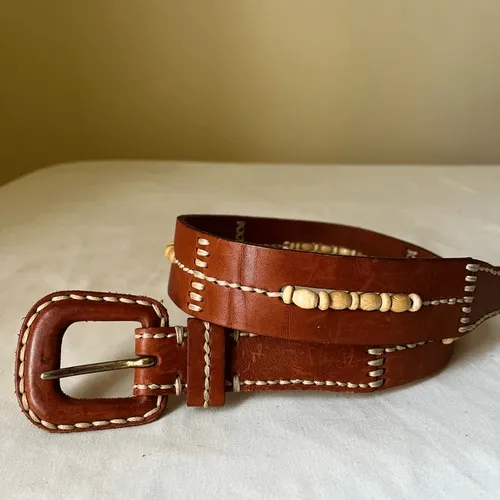 Vintage Brown Leather Belt Contrast Stitching Wood‎ Bead Detail Boho Western 30 - Image 9