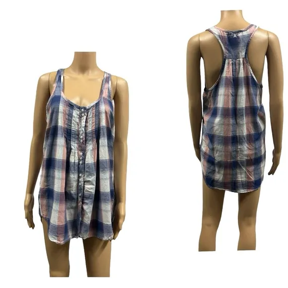 Hurley Pink Blue Plaid Racerback Long Tunic Tank Blouse Coverup Womens Medium - Image 2