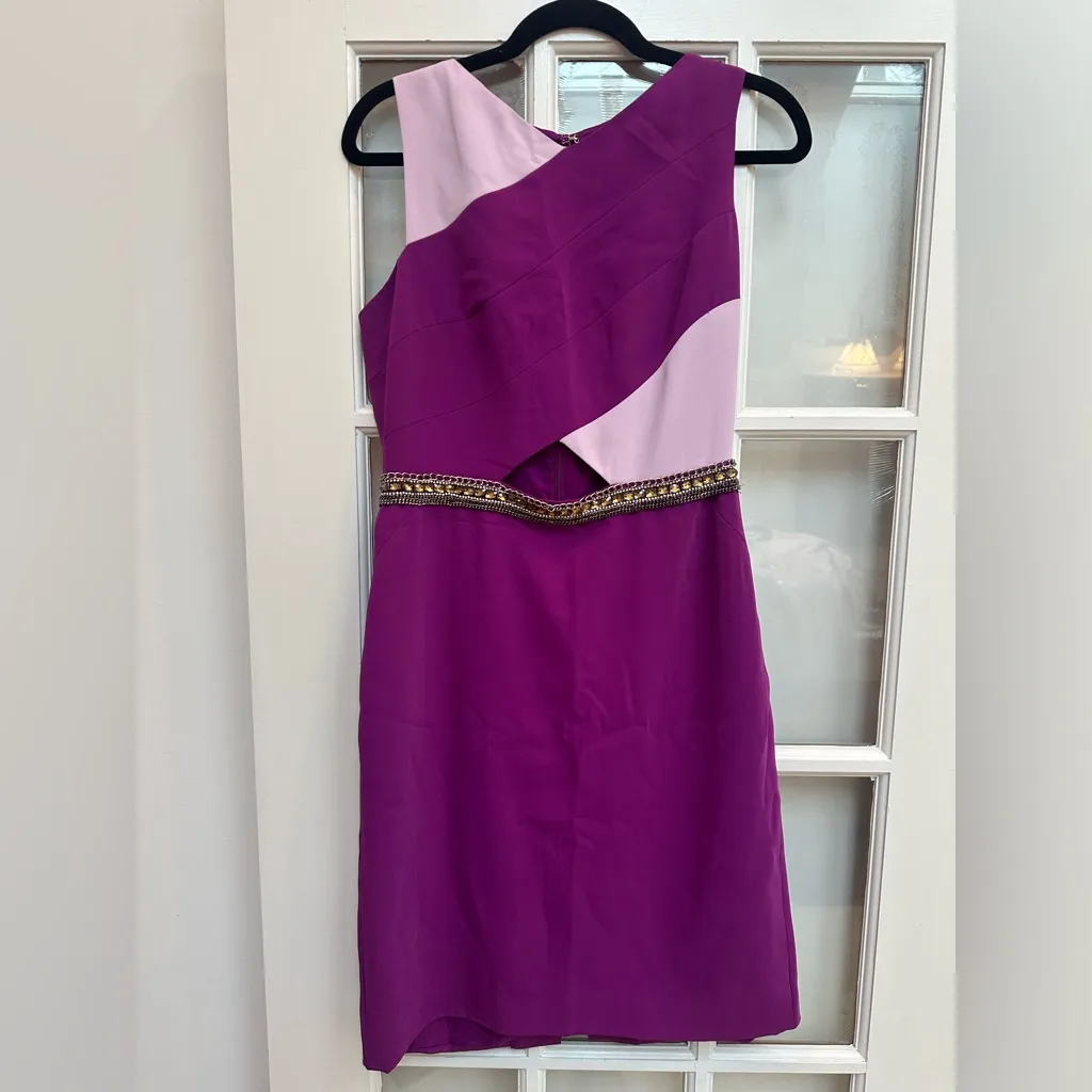 Pamella Roland Chic Party Magenta Purple Beaded Cutout Sheath Dress Size 4 - Image 2