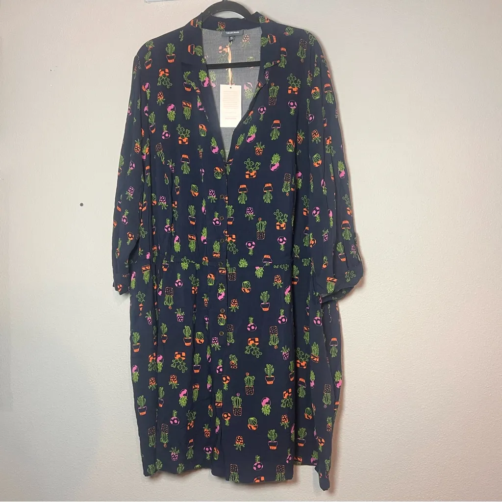 ModCloth Romper Cactus Plant Navy Blue Size 4X Long Sleeve Collared NWT - Image 3