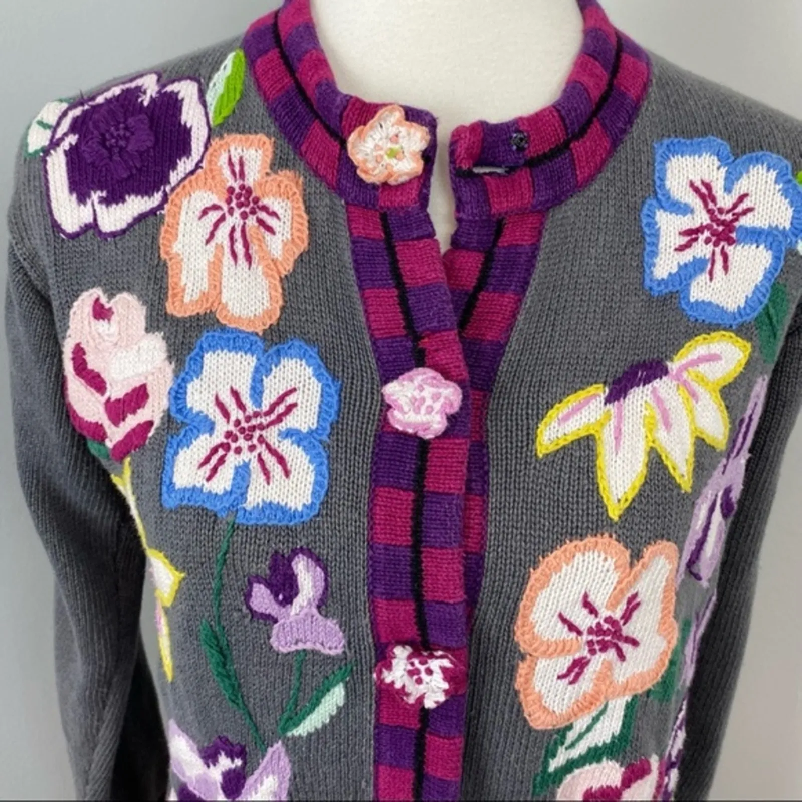 Storybook Knits Beautiful Colorful Whimsical Floral Knit Cardigan Small Gray - Image 2