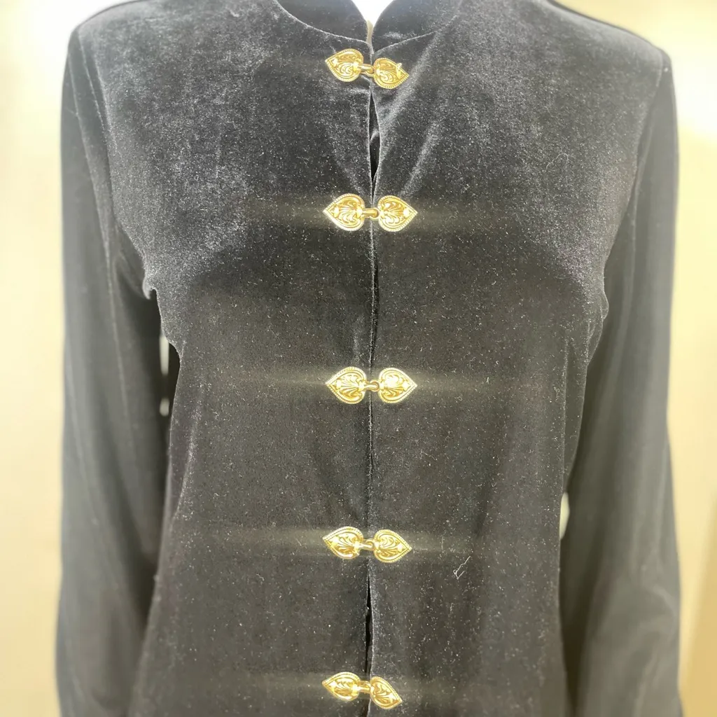 Black Karen kwong Velvet mandarin Jacket with Gold Buttons - Image 6