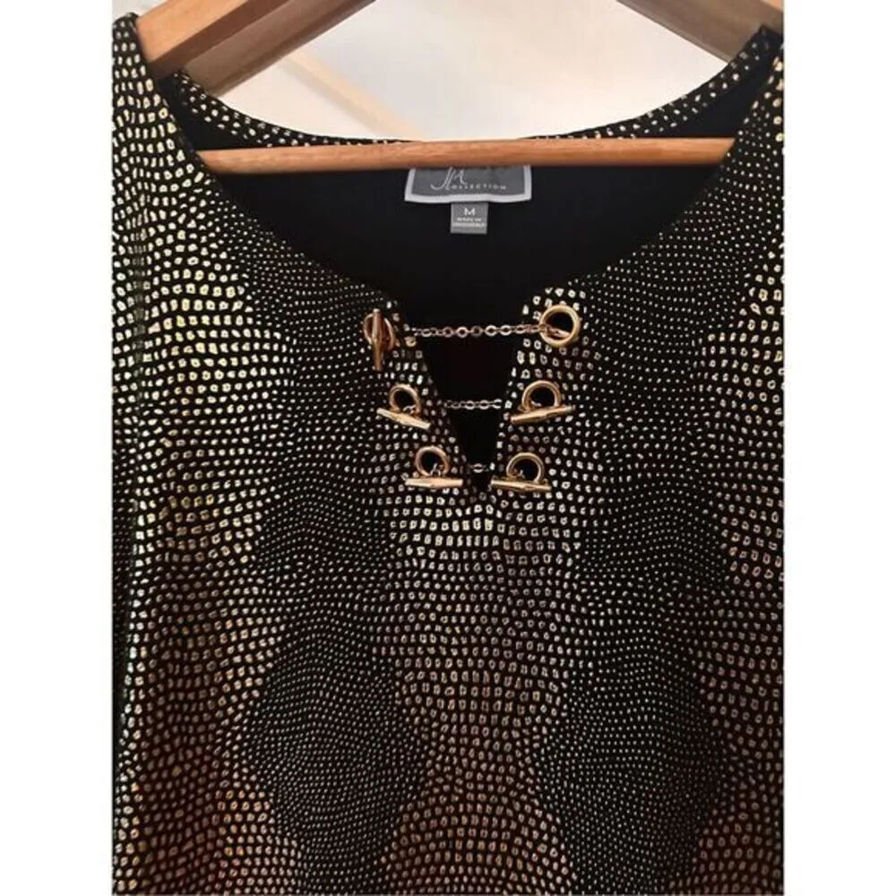 GM Collections Metallic Black‎ Gold Formal Blouse Top M | Evening Party Tunic Black Size M - Image 3