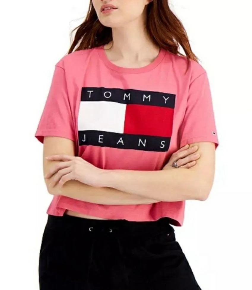 Tommy Jeans Cotton Flag Cropped T Shirt Size Large Pink - Image 8