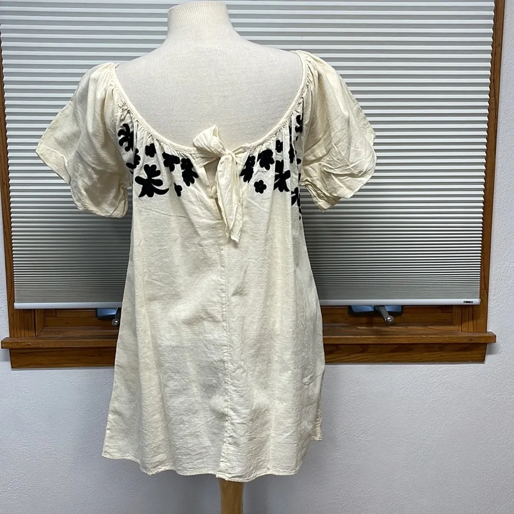 XS // Free People Ivory Cotton Fiona Black Floral Embroidered Mini Dress - Image 9